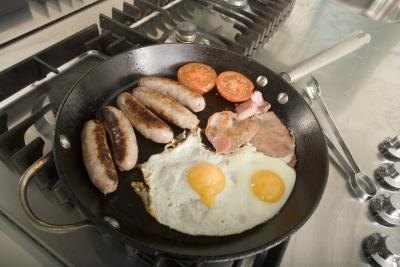 For breakfast, have eggs, sausage or ham.