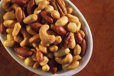 A bowl of salted mixed nuts.
