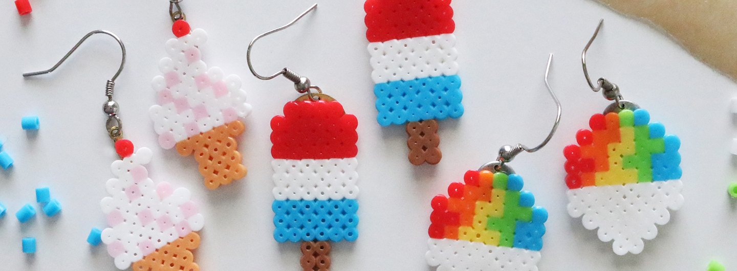 Perler bead earrings in summery shapes, from ice pops to snow cones