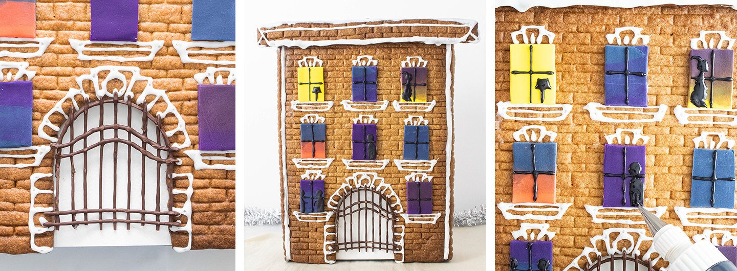 A collage of three photos featuring a gingerbread house that looks like an NYC apartment building. 