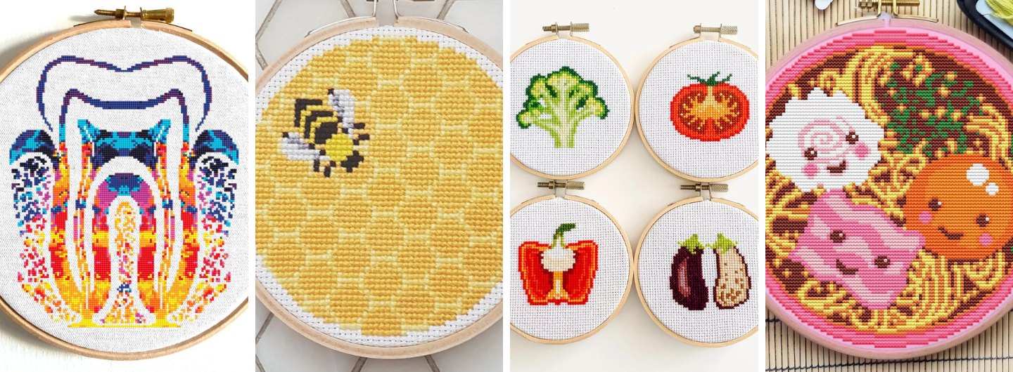 Four images of cross-stitch patterns on round embroidery hoops