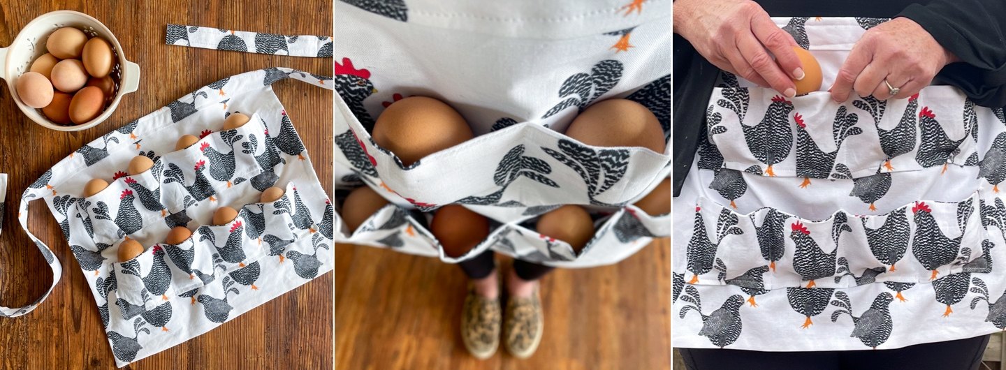 Three images of an egg apron with a hen pattern