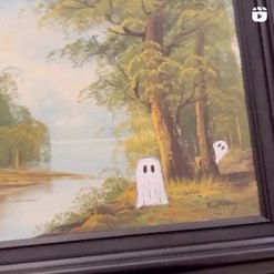 Closeup of vintage painting with ghosts added