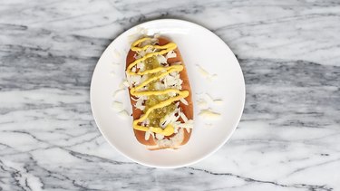 Vermont cheddar, onions, relish and mustard on top of hot dog