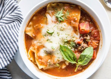 top down photo of a bowl of lasagna soup