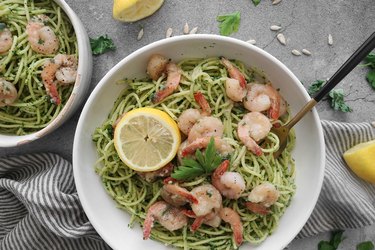 Kale pesto pasta with lemon garlic shrimp