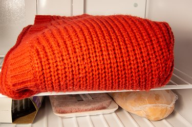 An image of sweater being preserved in the freezer.
