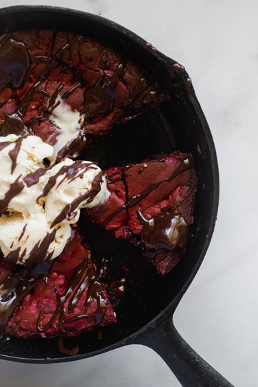 Serve warm with a scoop of ice cream and drizzle of chocolate sauce.