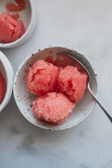 Bowl of three scoops of refreshing watermelon sorbet