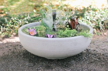 Large clay pot filled with water and greenery