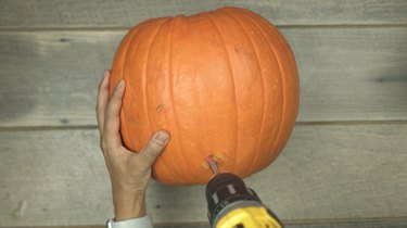 Using Forstner drill bit to cut a hole into a pumpkin to make DIY pumpkin keg