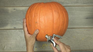 Attaching beverage dispensing spigot to pumpkin for DIY Pumpkin Keg