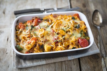 Mediterranean pasta bake in an ovenproof baking dish