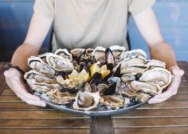 Man's hands holding a seafood platter with oysters, clams and mussels.