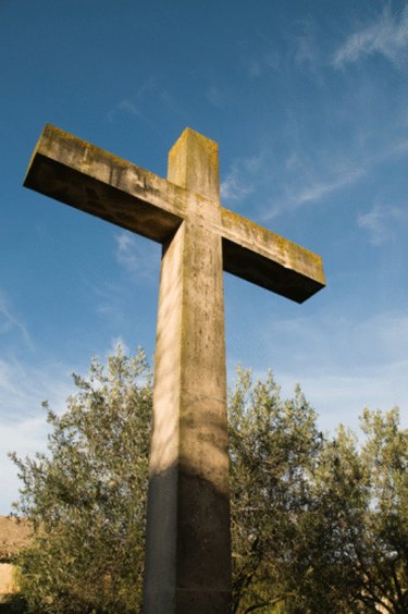 Three Crosses In Front Of Modern Church Stock Photo, Picture and