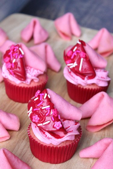 completed pink fortune cookie cupcake toppers