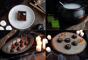 Hocus Pocus movie themed desserts: spellbook brownies, green punch bowl in black cauldron, witches broom peanut butter cups, black cat dipped oreo cookies