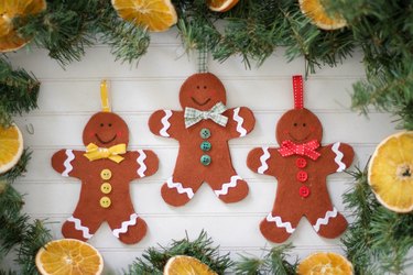 Set of three completed felt gingerbread man ornaments