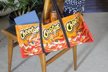 finished snack bag tote hanging on chair