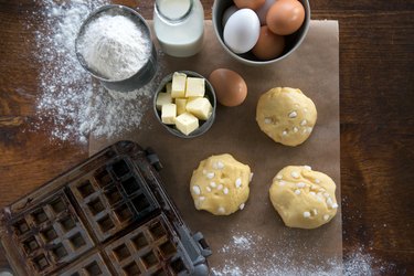 Waffle iron, dough, flour, milk, eggs, sugar, butter