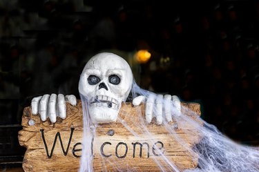 Wood sign with word Welcome. Skull with spider web. Halloween event.
