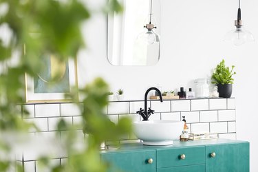 Close-up of blurred leaves with a sink, green cupboard and mirror in the background in the bathroom interior