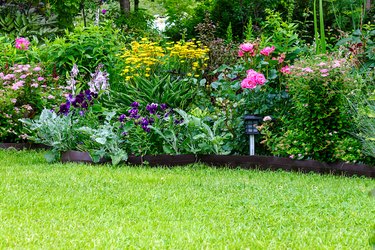 Summer garden with beautiful flowers blooming and a well-tended green lawn.