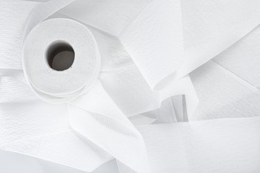 Directly above a roll of toilet paper isolated on white