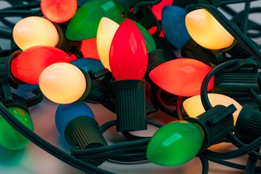 Tangled Christmas string lights turned on