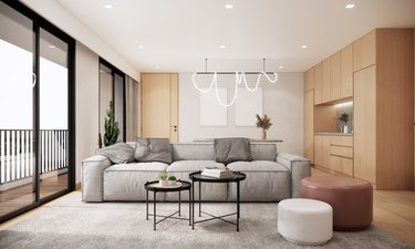 Japandi style living room interior design with gray sofa and wooden furniture and sunlight from window, apartment 3d rendering