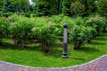 garden bed with ground iron lantern and bushes with bloom grow in a park with trees landscape design of summer plants near break stone tile pathway, nobody.