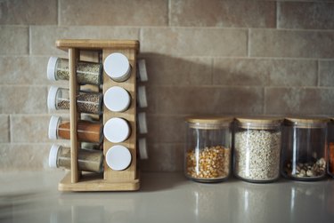 Spices on kitchen counter.