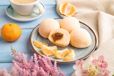 Japanese rice sweet buns mochi filled with tangerine jam