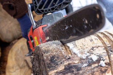 Chainsaw blade cutting log of wood. Preparation firewood for the winter. Natural living style