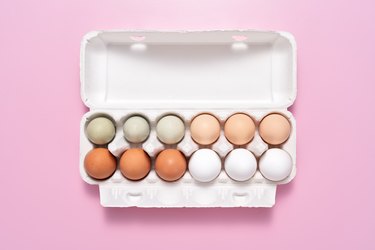 A carton filled with eggs of different colors