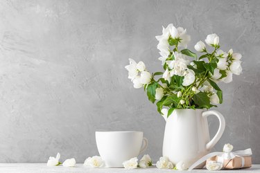 White jasmine blossom flowers in a vase with gift box and coffee cup on white wooden table. Still life