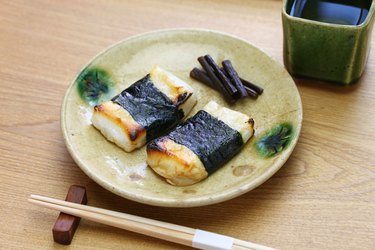 Isobeyaki, grilled mochi (japanese rice cake) wrapped in nori (seaweed)