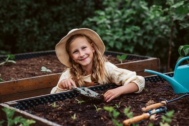 Girl taking care of small vegetable plants in raised bed, holding small shovel. Childhood outdoors in garden.