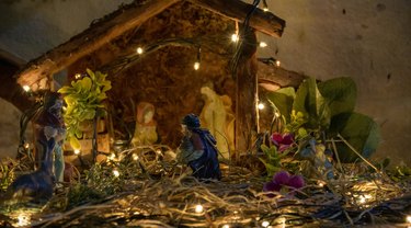 Christmas nativity scene with lights and images