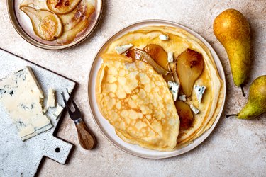 French Crepe with blue cheese and caramelized pears. Sweet and savoury homemade crepes pancakes recipe