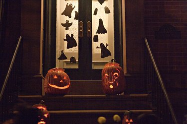 Pumkins on Stoop Halloween Night, New York City, USA