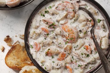 Seafood chowder with shrimp, bay scallops, clams and salmon