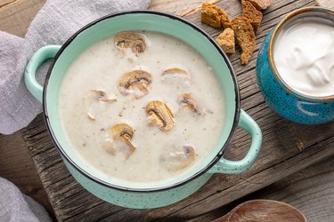 Turquoise ceramic pan with mushroom cream soup