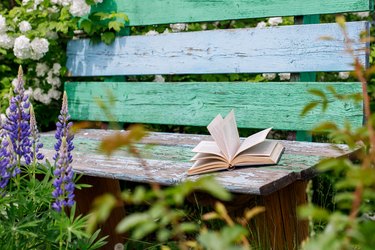 An old book lies on a dilapidated bench in the summer garden.