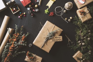 Christmas gifts, table top flat lay