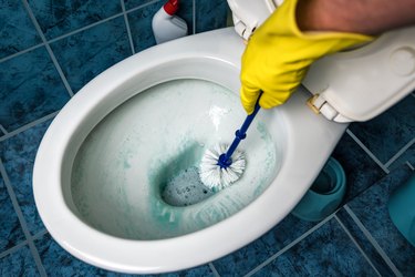 cleaning toilet bowl using brush and detergent