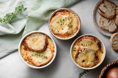 Homemade French onion soup with cheese and bread