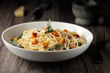 Healthy spaghetti with roasted butternut squash and sage butter