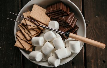 skewer for s'mores, graham crackers, chocolate, marshmallows