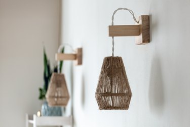 Two Jute rope lamps fixture with wood wall mount